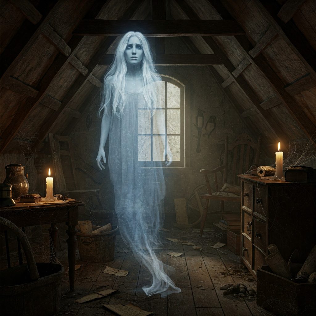 A ghostly figure in a dark attic, surrounded by old furniture and cobwebs, Tales of the Beard