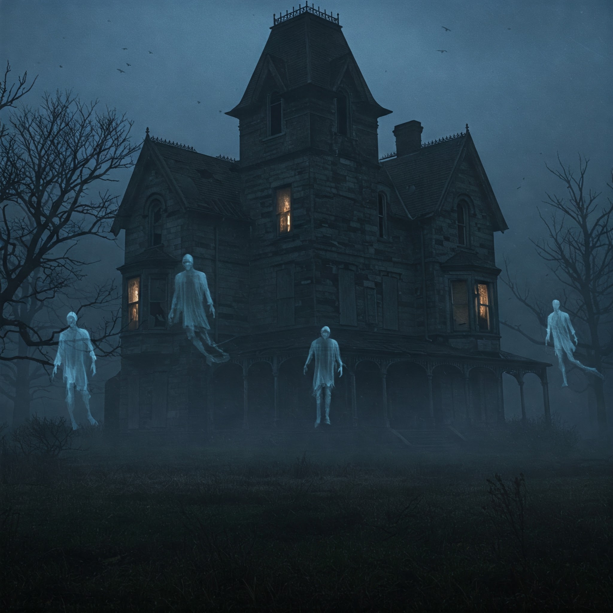 This image captures the eerie atmosphere of Hollow Pike, with a dilapidated Victorian mansion shrouded in mist and darkness, suggesting a haunted and desolate character.